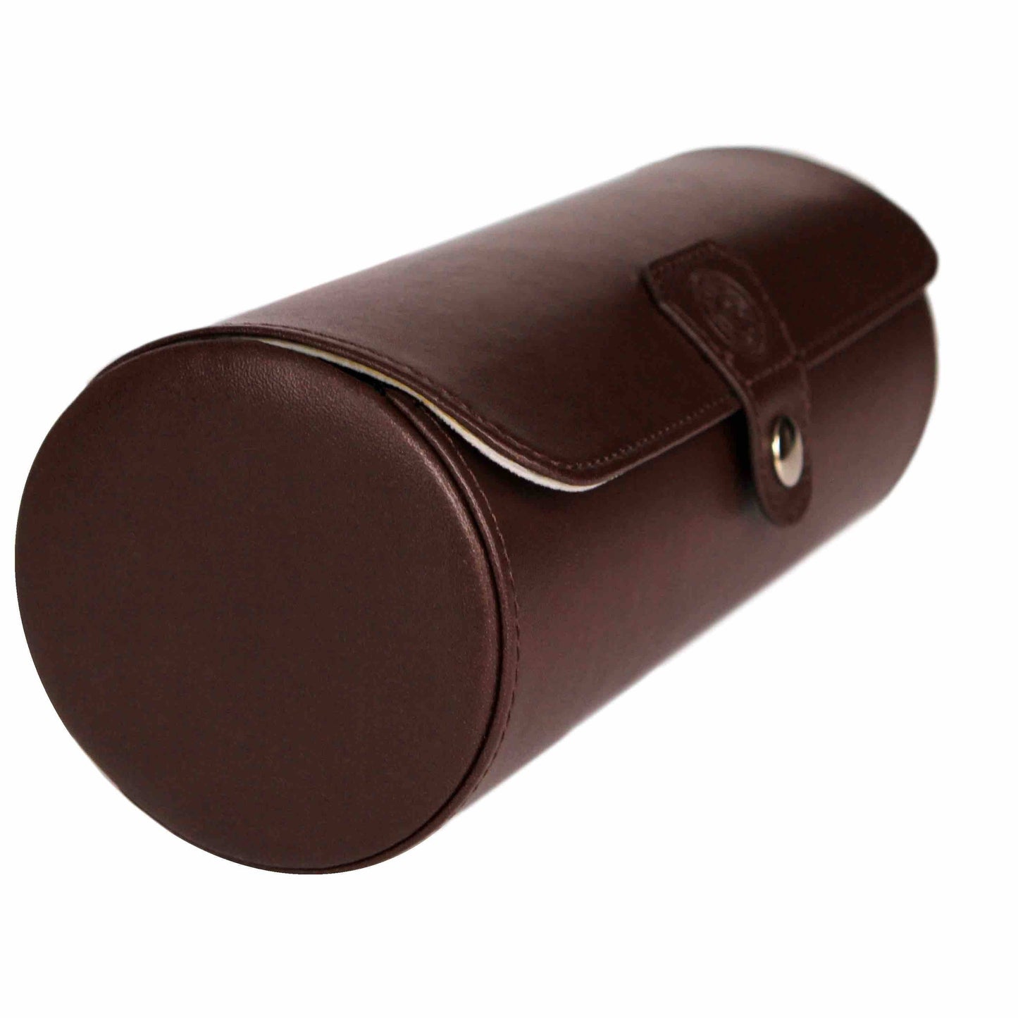 Vegan leather travel watch case in chocolate brown, ideal for protecting watches while traveling.