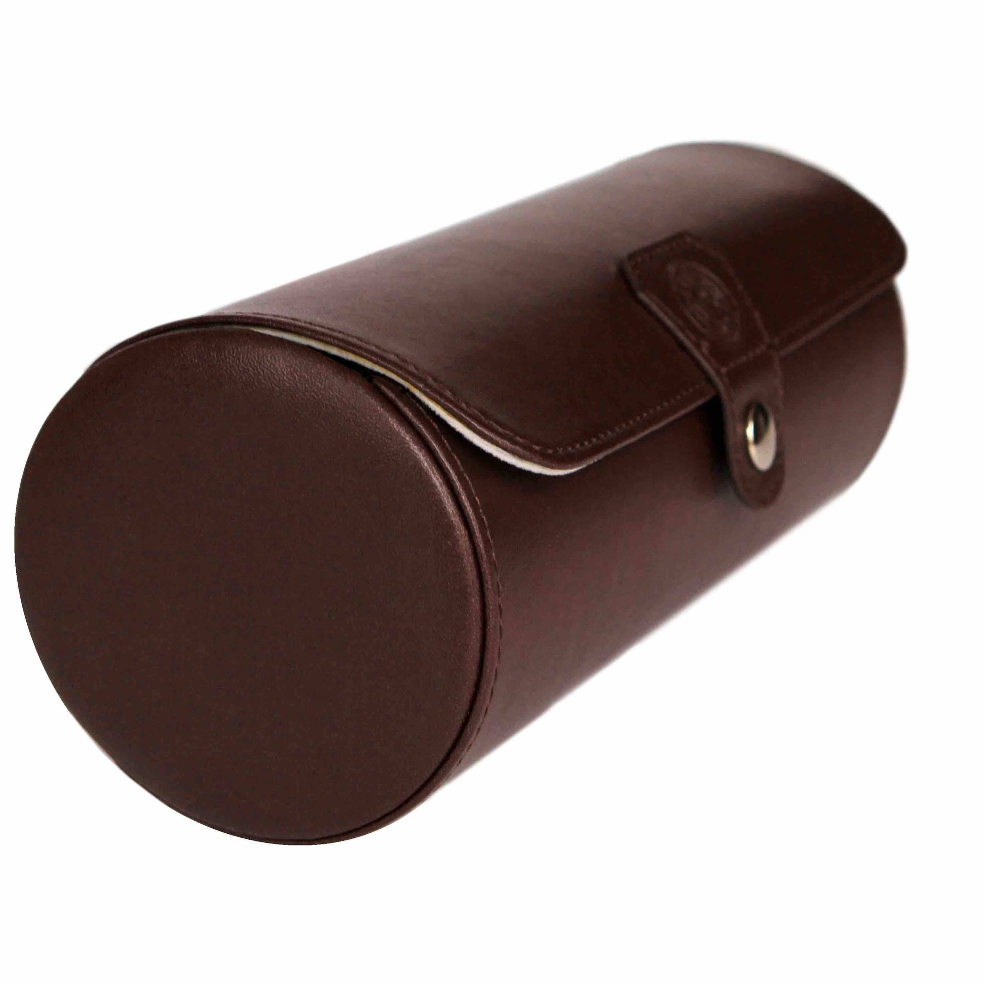 Vegan leather travel watch case in chocolate brown, ideal for protecting watches while traveling.