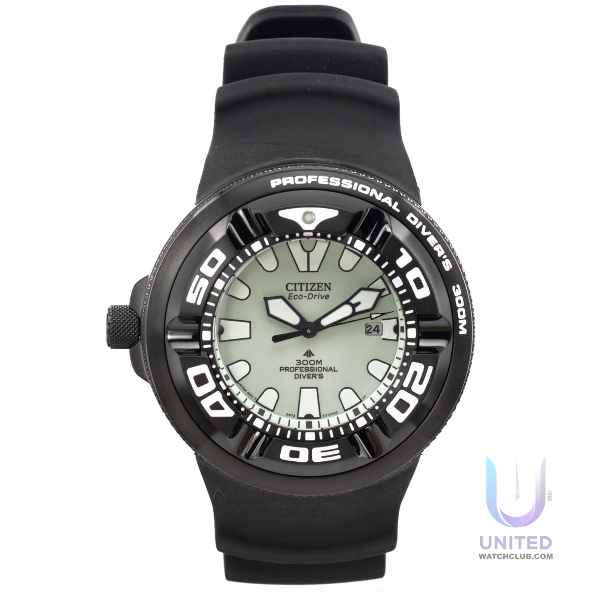 Citizen Promaster Marine Diver Watch with black silicone strap and luminous green dial, 300m water resistant.