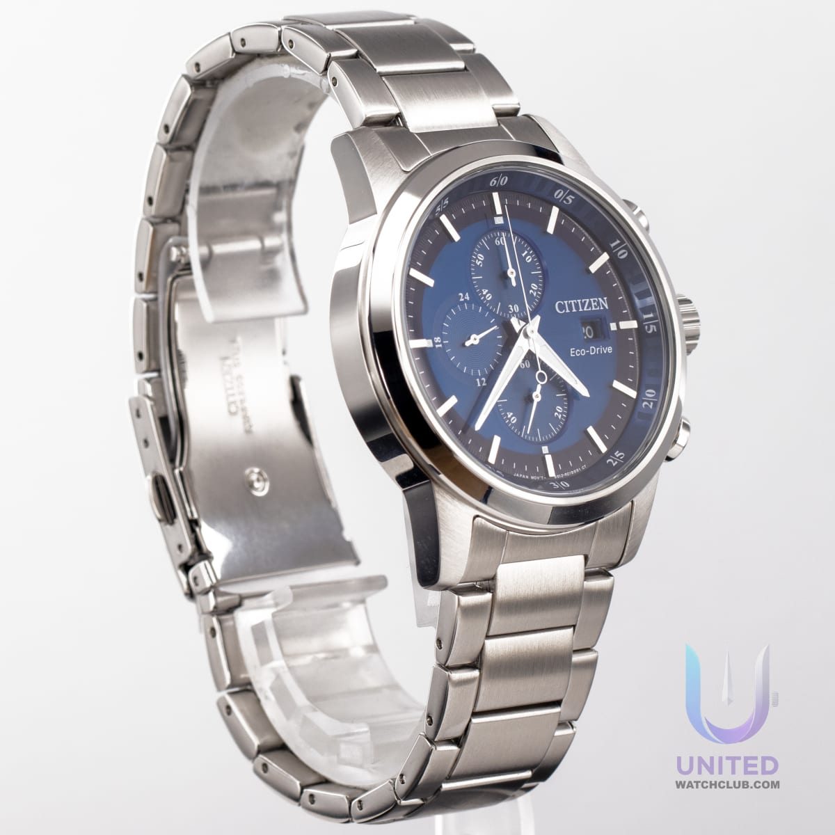 Citizen Eco-Drive Chronograph watch with blue dial and stainless steel bracelet, model CA0610-52L.