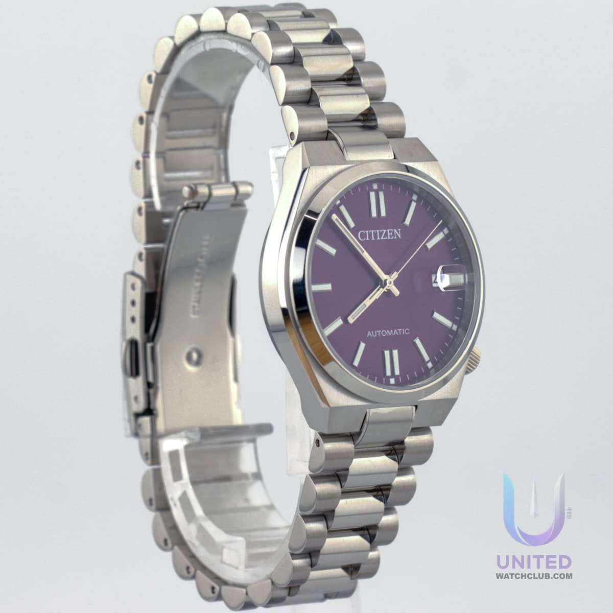 Citizen Tsuyosa automatic watch purple dial on stainless steel bracelet showcasing its elegant design.