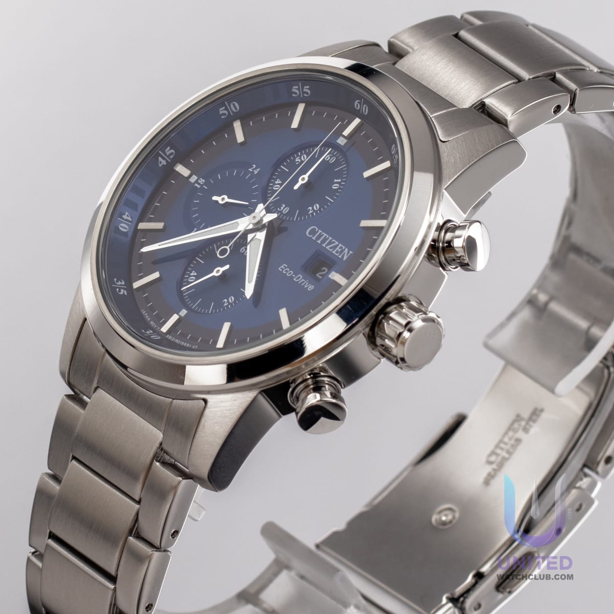 Citizen Eco-Drive Chronograph watch with blue dial and stainless steel bracelet.