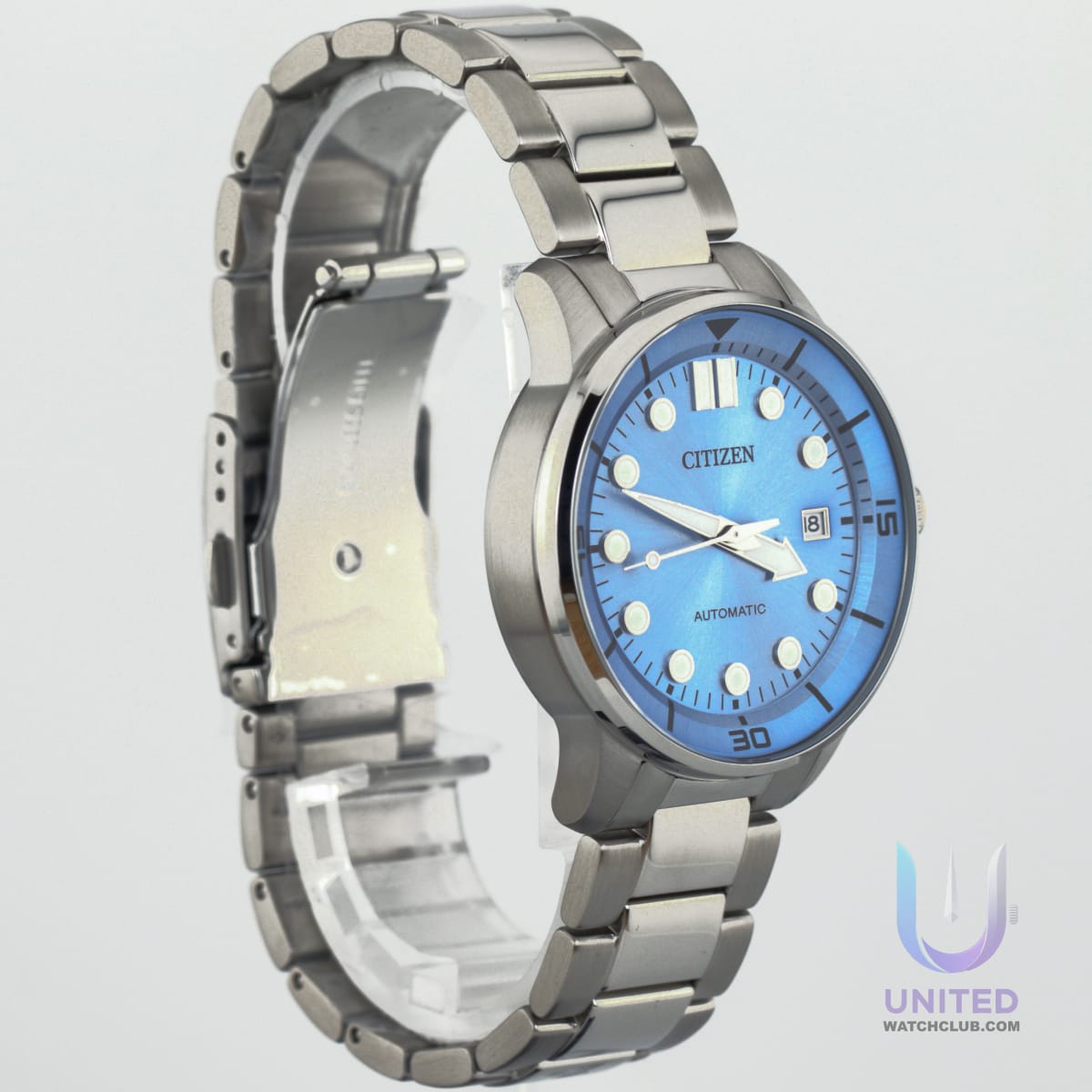 Citizen automatic blue dial watch showcasing a vibrant light blue dial and 40mm stainless steel case.