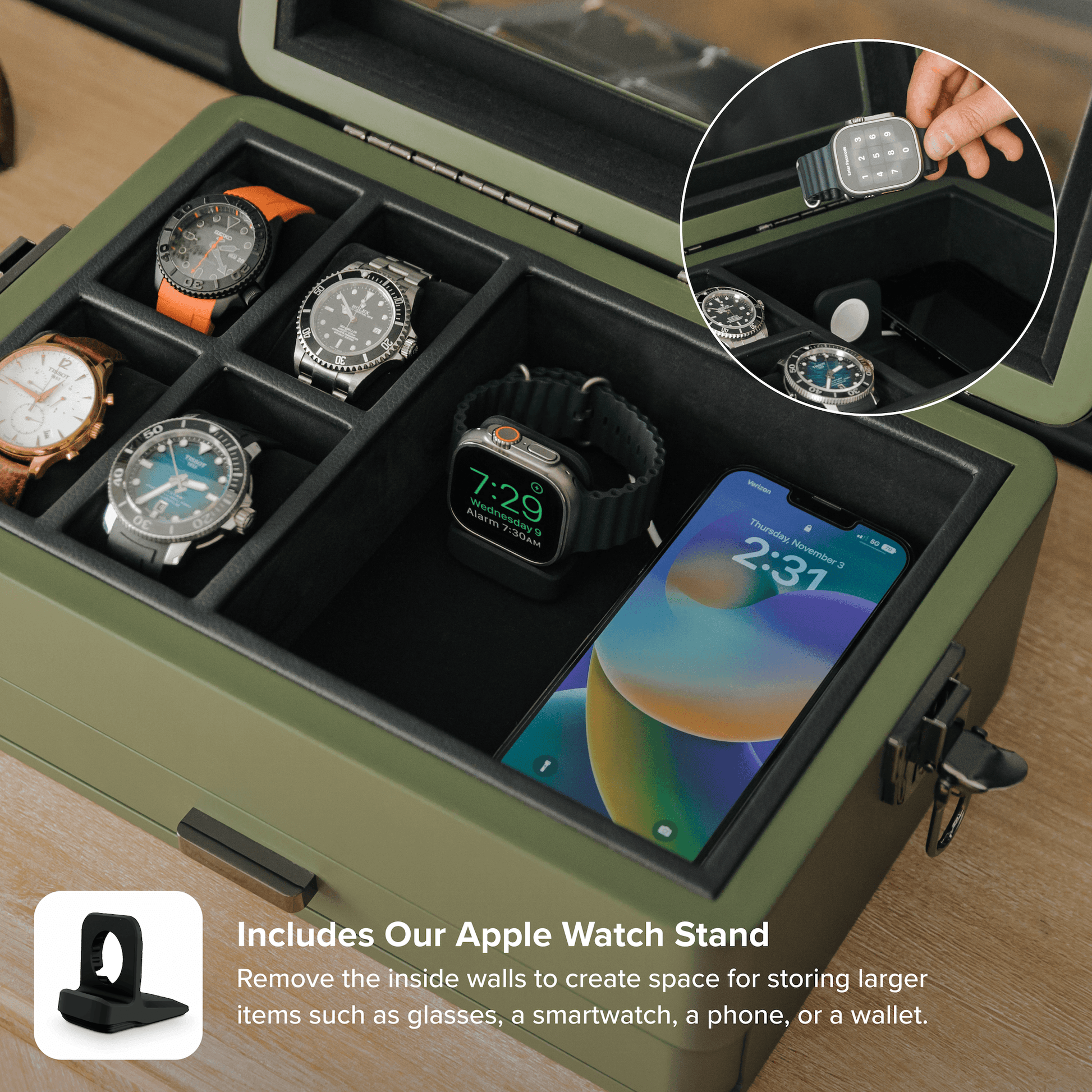 military watch box 10 slot with watches and Apple Watch stand inside on a stylish display.