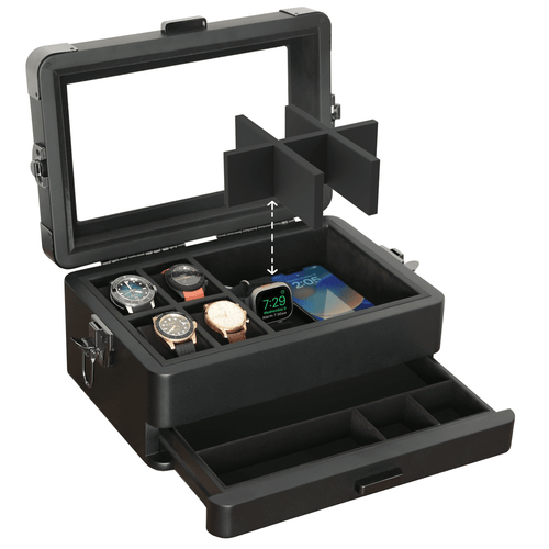 Black Edition military watch box with glass top displaying watches and modular storage dividers.