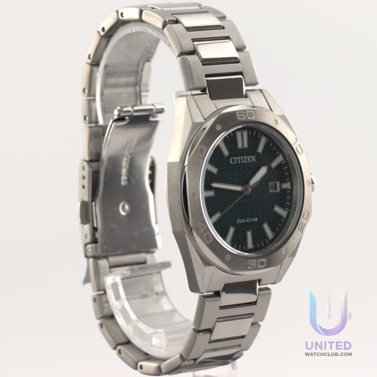 Citizen Eco-Drive green dial watch with a stainless steel bracelet and striking green dial, model BM7630-80X.