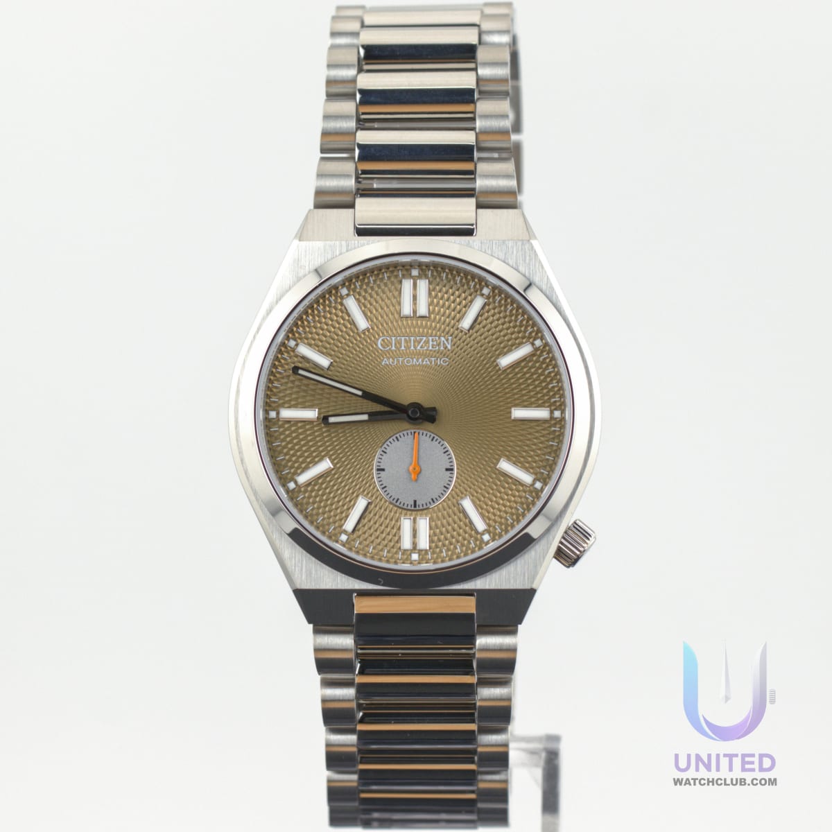 Citizen Tsuyosa men's watch with textured beige dial and small second sub-dial, stainless steel bracelet.