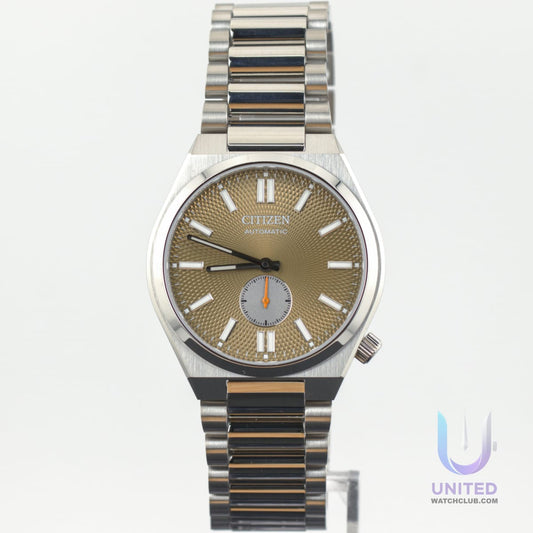Citizen Tsuyosa men's watch with textured beige dial and small second sub-dial, stainless steel bracelet.