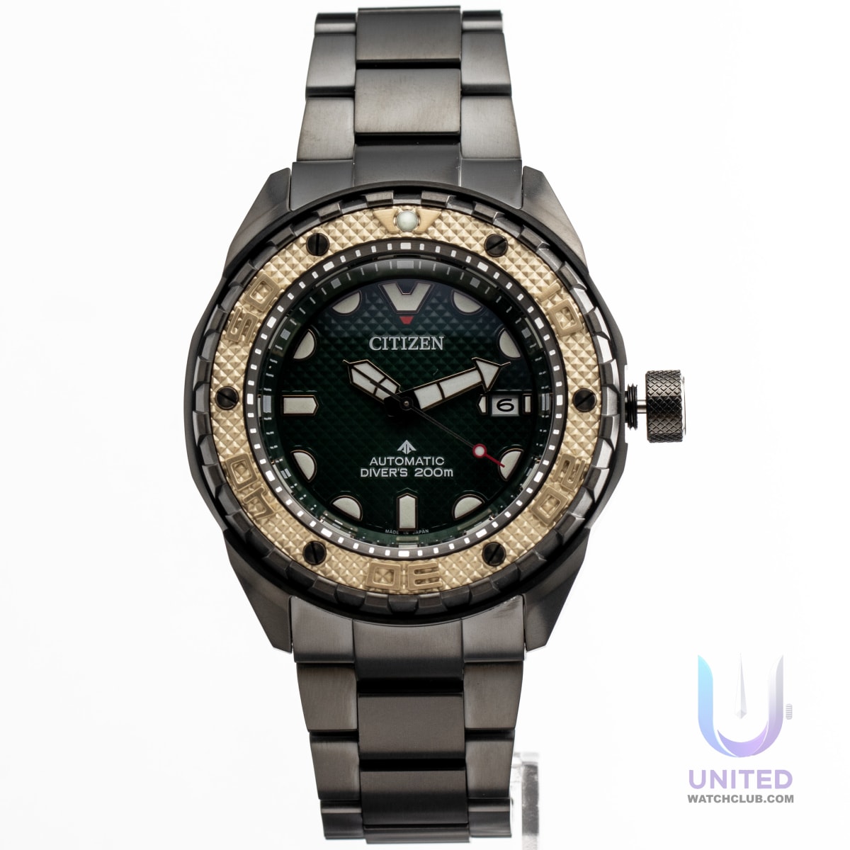 Citizen Promaster Marine green dial watch with a dark green dial and gold bezel, perfect for divers.