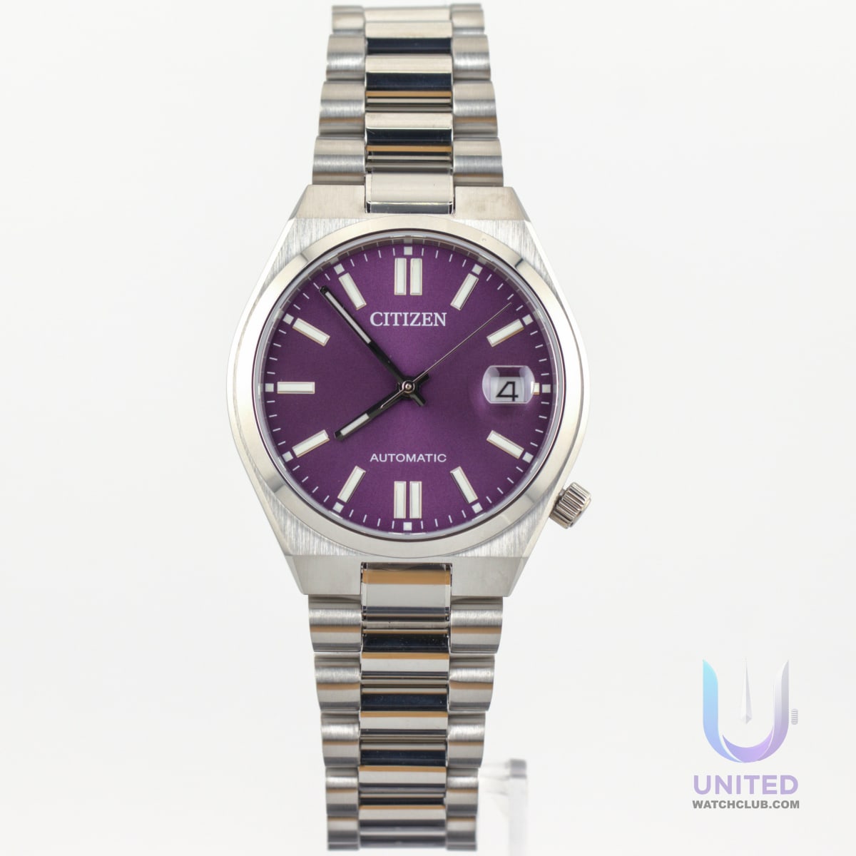 Citizen Tsuyosa automatic watch purple dial displayed on a stainless steel bracelet with a striking purple dial.