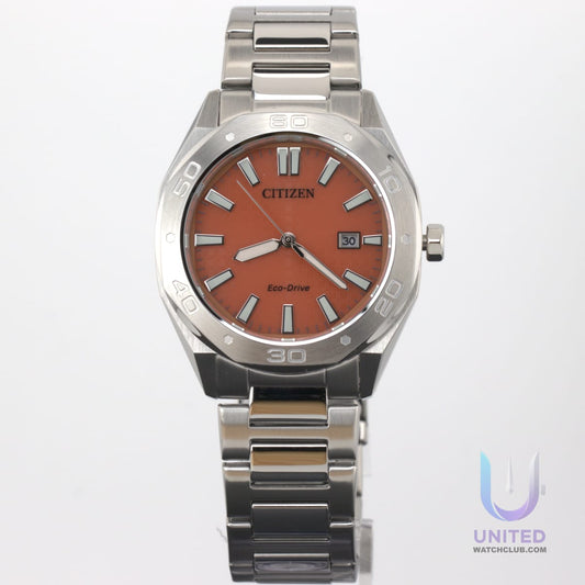Citizen Eco-Drive BM7630-80Z men's watch with orange dial and stainless steel bracelet.