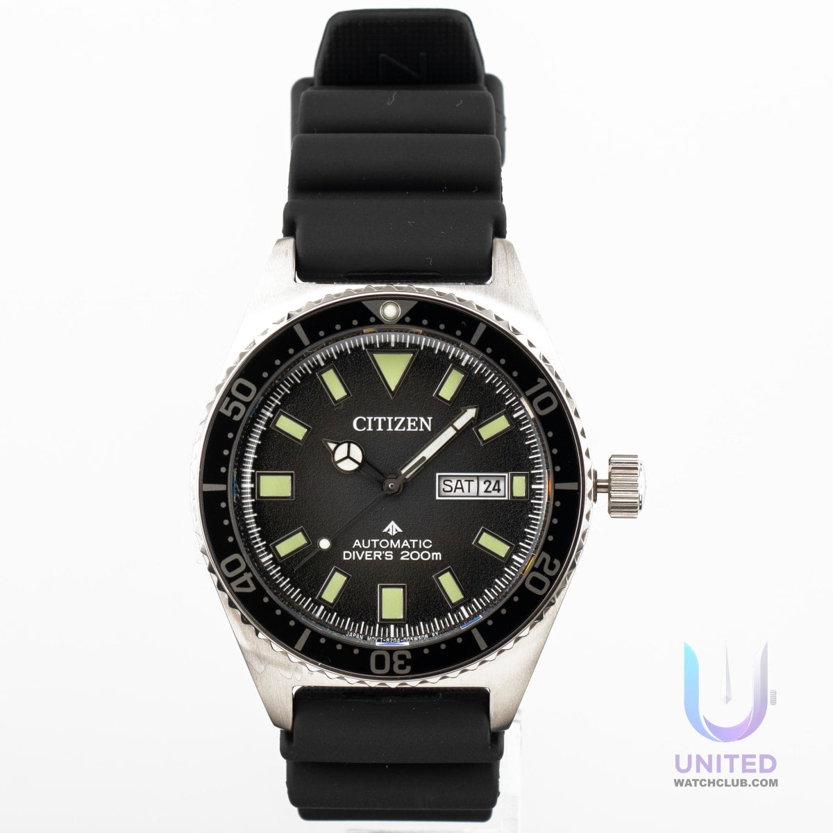 Citizen Promaster Diver watch with black dial and rubber strap, engineered for divers and enthusiasts.