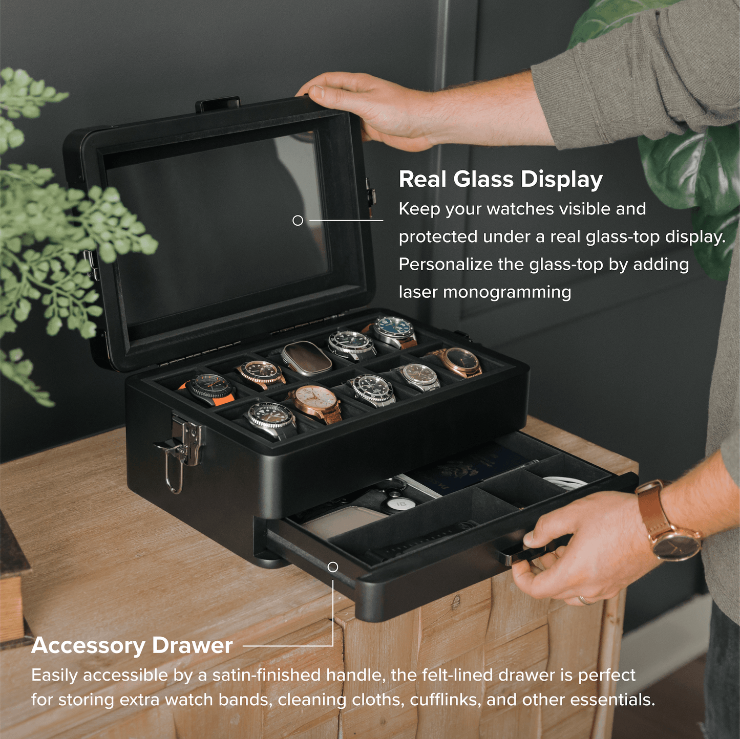 Black Edition Military Watch Box - 10 Slot with glass display and accessory drawer for watch storage.