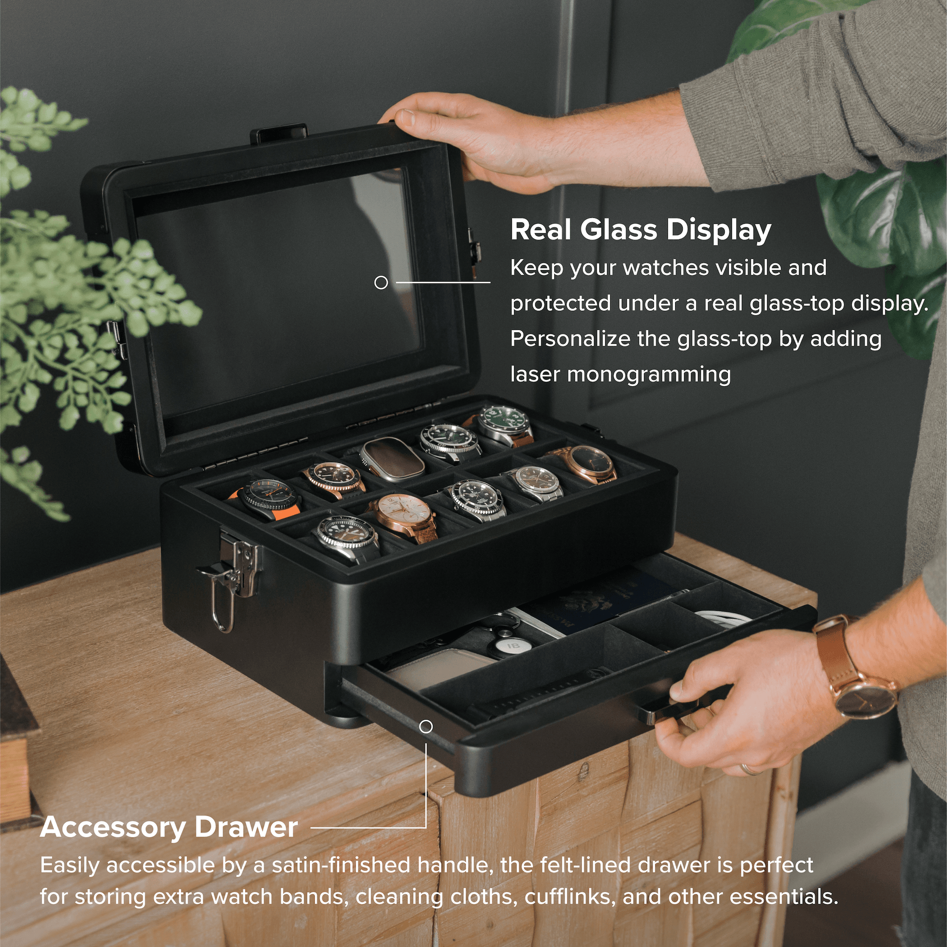 Black Edition Military Watch Box - 10 Slot with glass display and accessory drawer for watch storage.