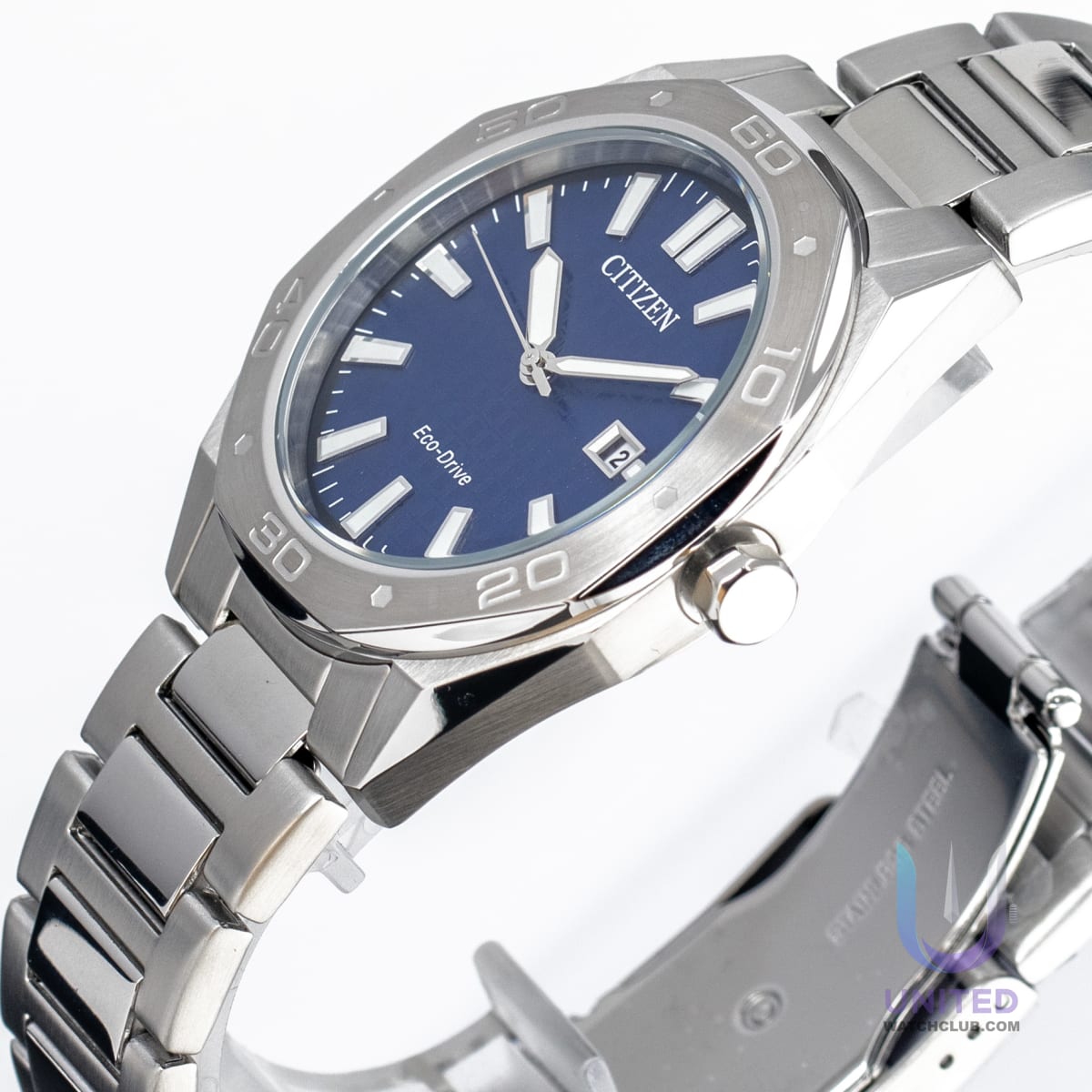 Citizen Eco-Drive Weekender Sport watch with blue dial and stainless steel case.
