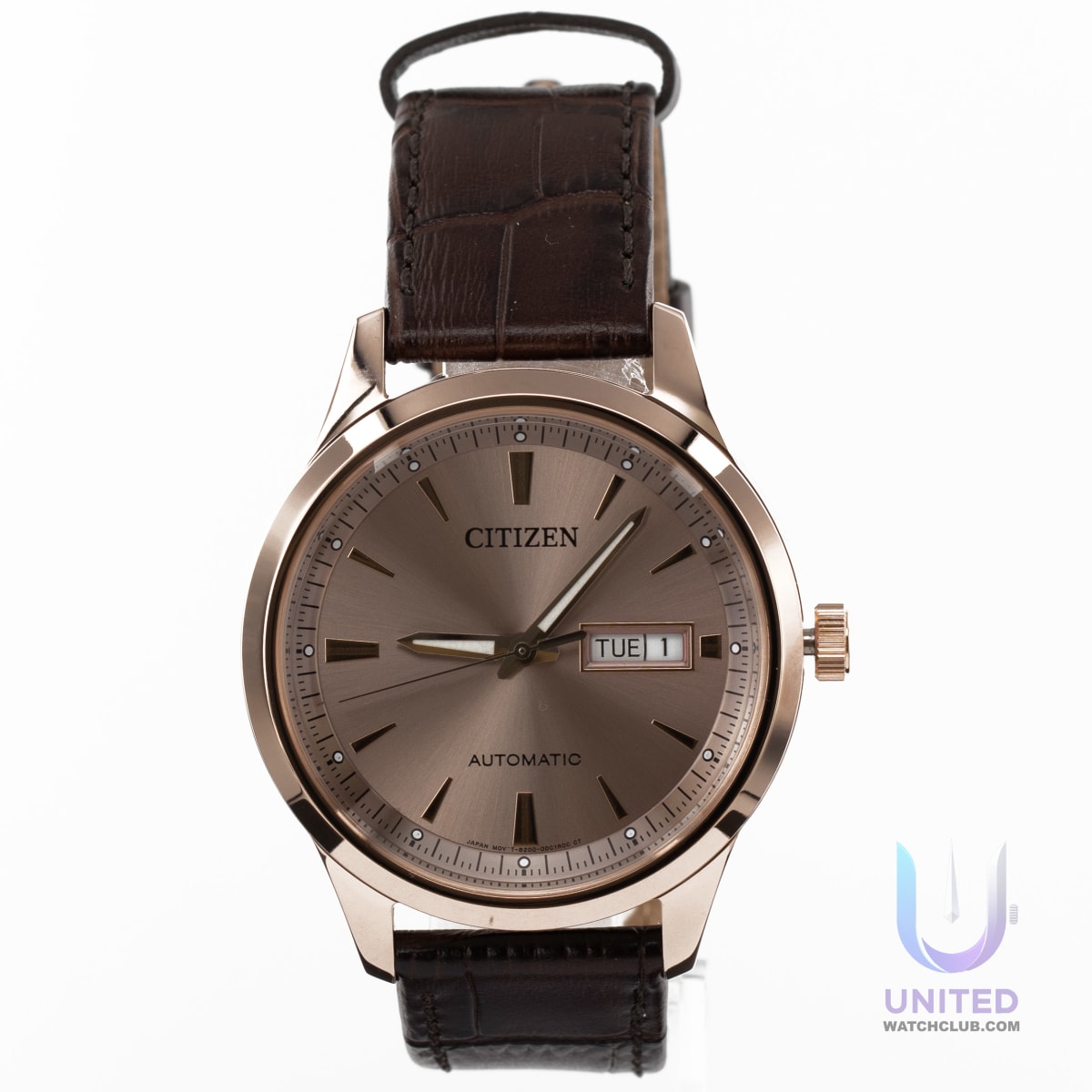 Citizen automatic watch beige dial with brown leather strap, model NY4062-04X, elegant and versatile design.