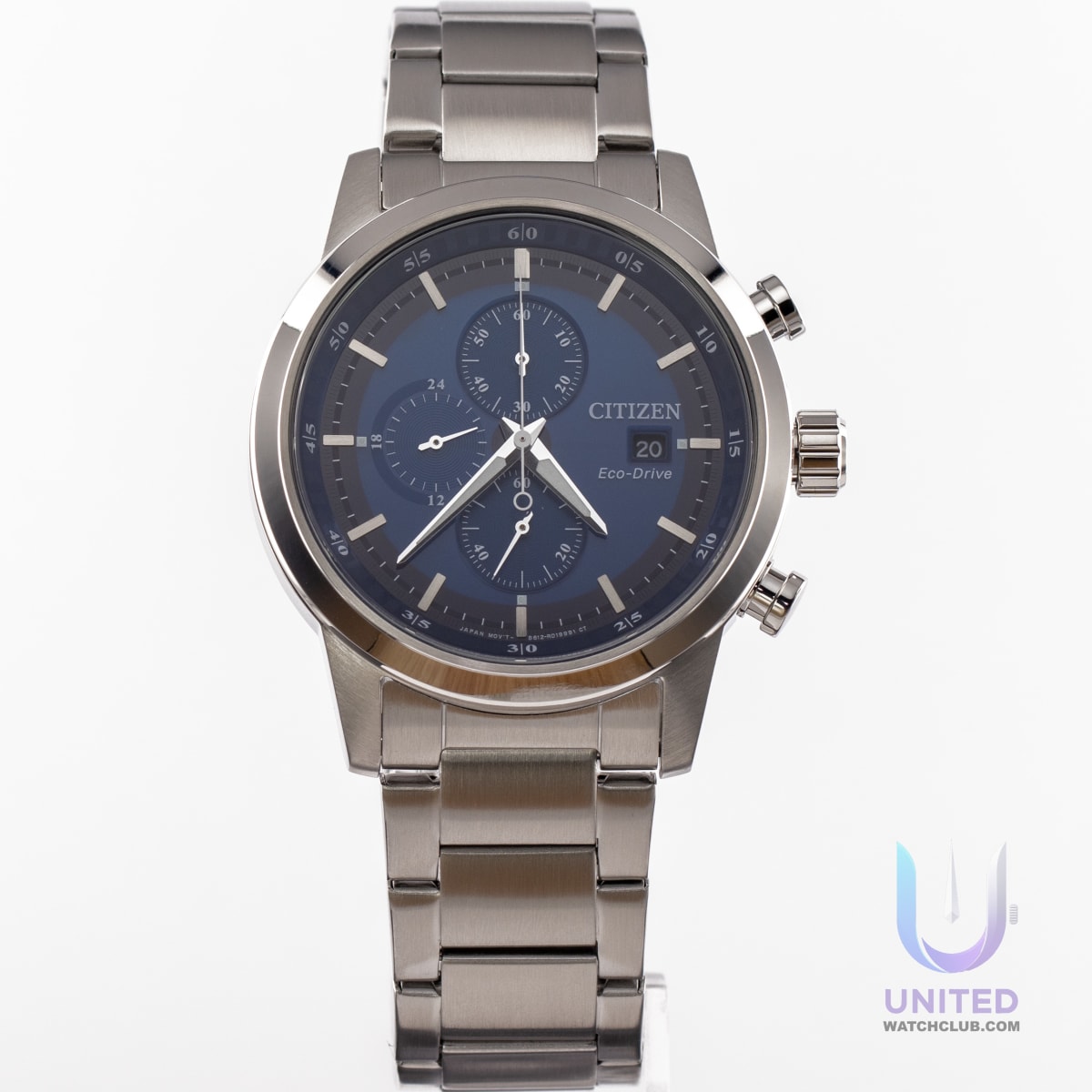 Citizen Eco-Drive Chronograph watch with blue dial and stainless steel bracelet, model CA0610-52L.