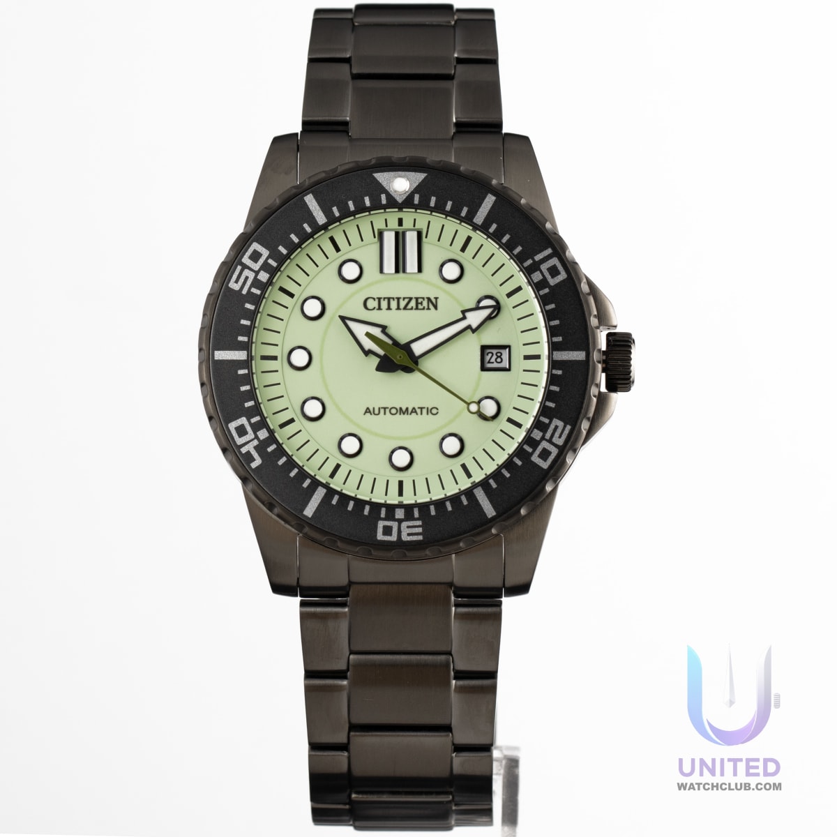 Citizen mechanical watch green dial in a robust 43mm black stainless steel case with matching bracelet.