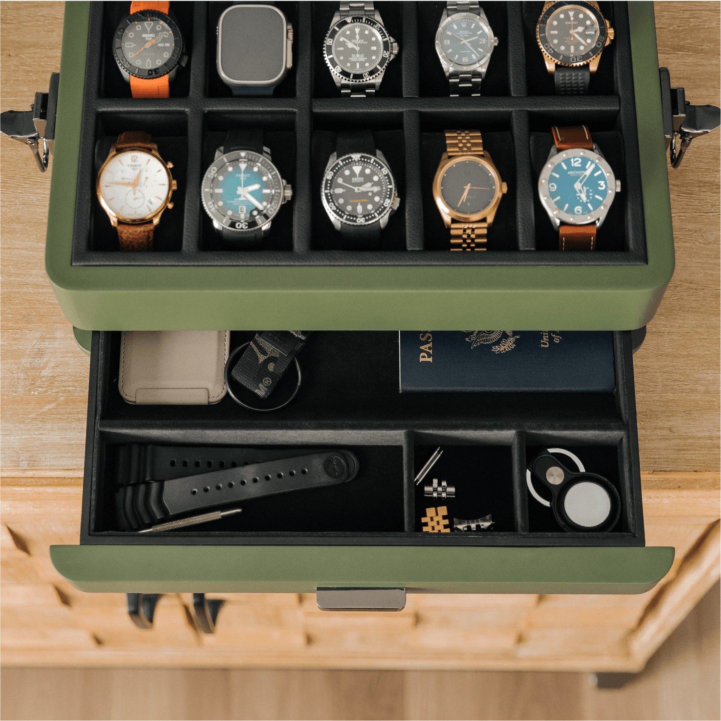 military watch box 10 slot showcasing watches and storage compartments in a military green finish.