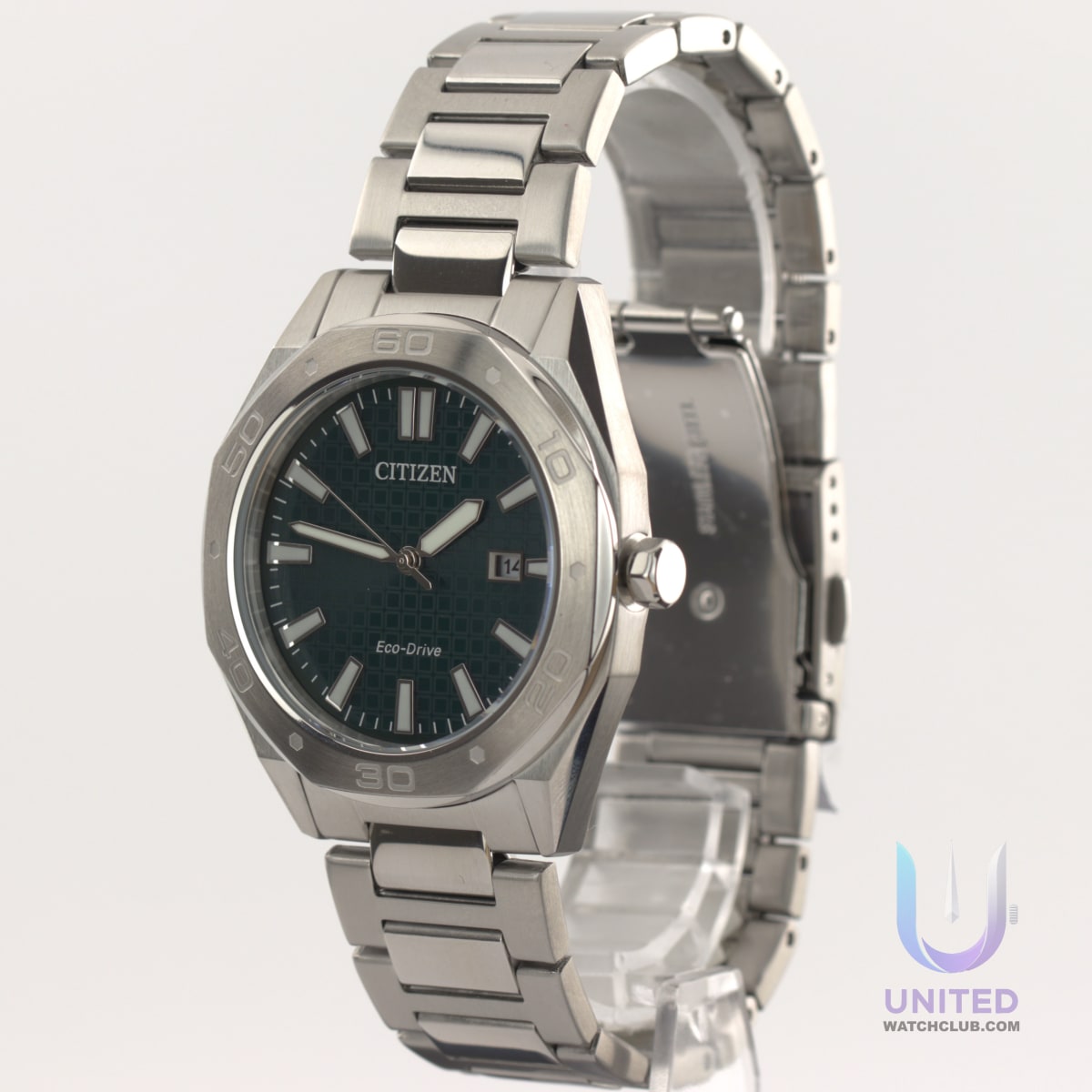 Citizen Eco-Drive green dial watch showcased with a stainless steel band and striking green dial design.