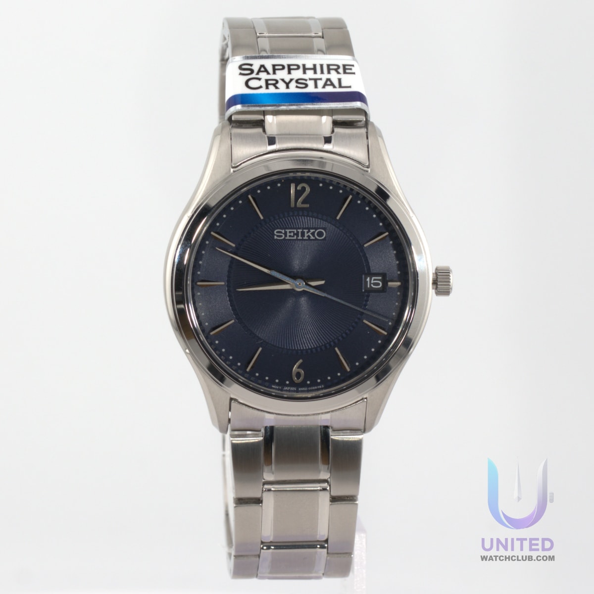 Seiko blue dial watch with stainless steel bracelet and sapphire crystal features.