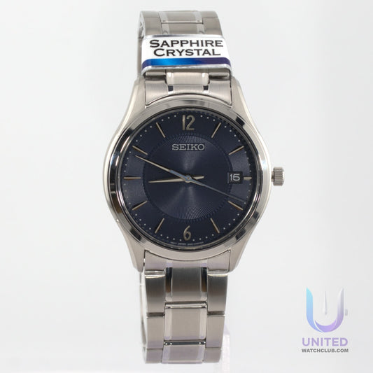 Seiko blue dial watch with stainless steel bracelet and sapphire crystal features.