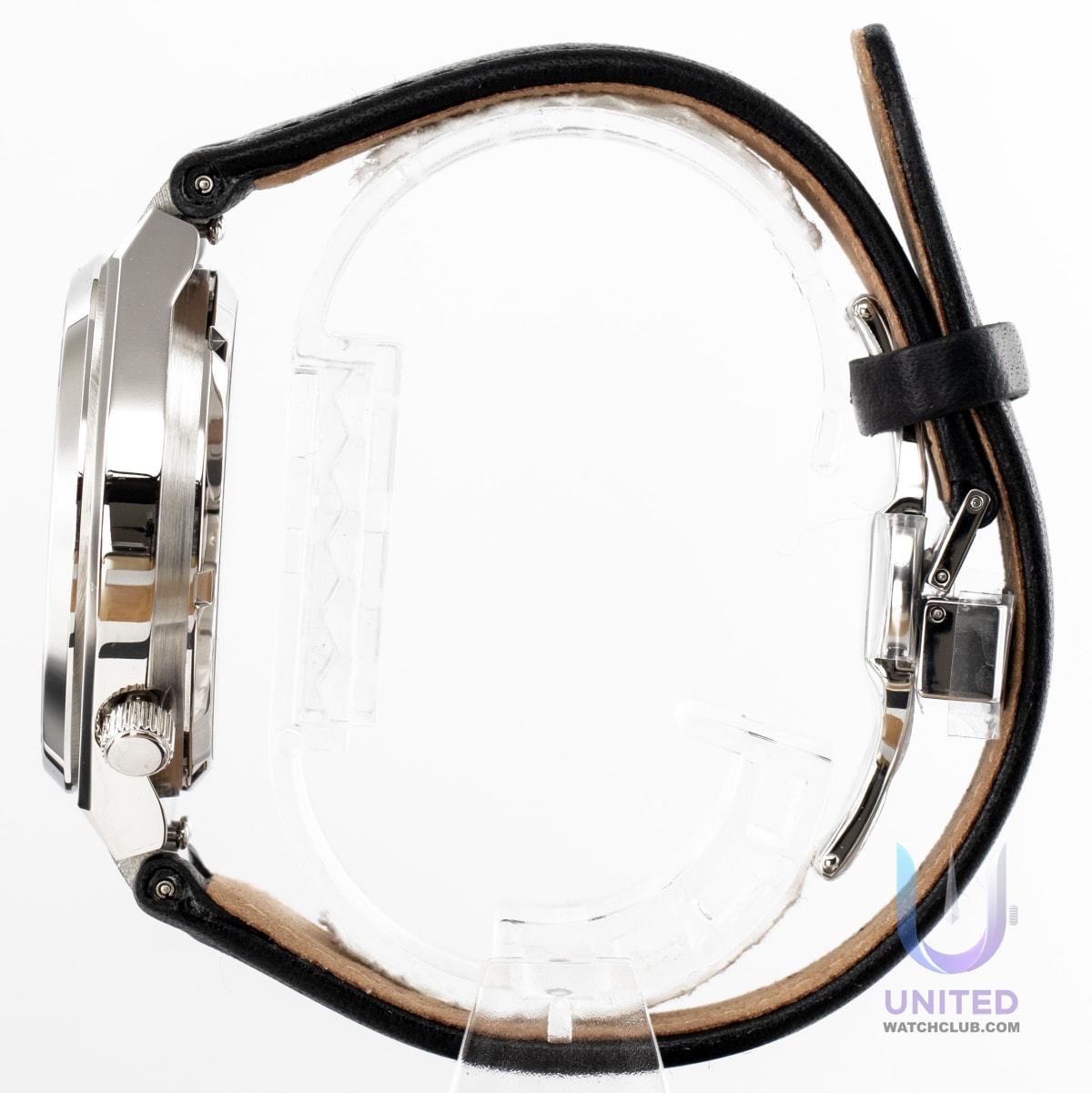 Citizen Tsuyosa automatic men's watch side view showing the silver-tone case and leather strap.