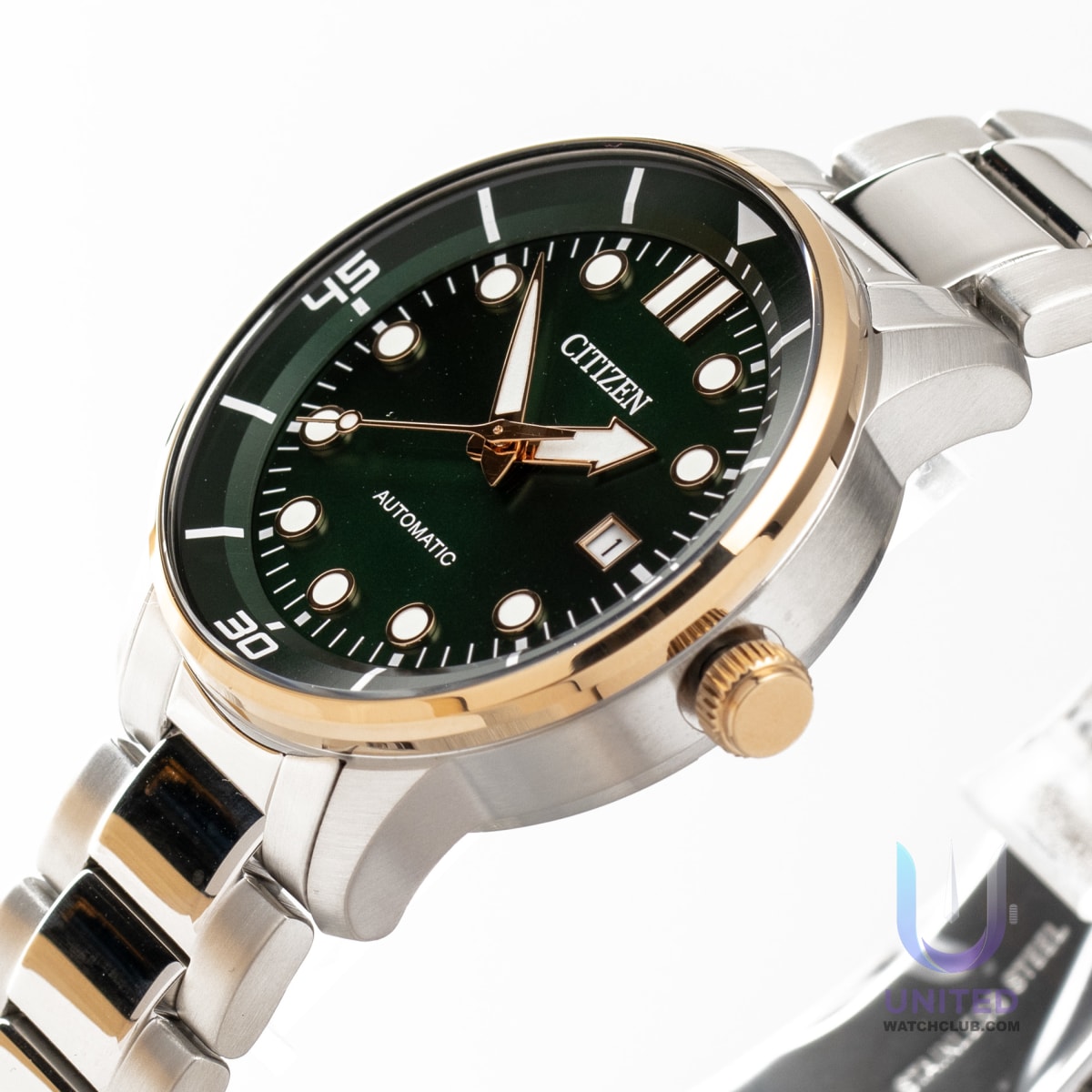 Citizen automatic green dial watch featuring a vibrant green dial and gold-tone bezel, elegantly designed for men.