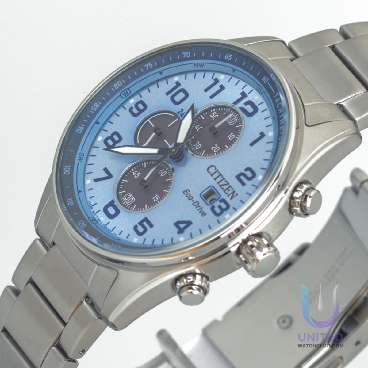 Citizen Eco-Drive chronograph watch with light blue dial and stainless steel case, 43mm CA0770-72M.
