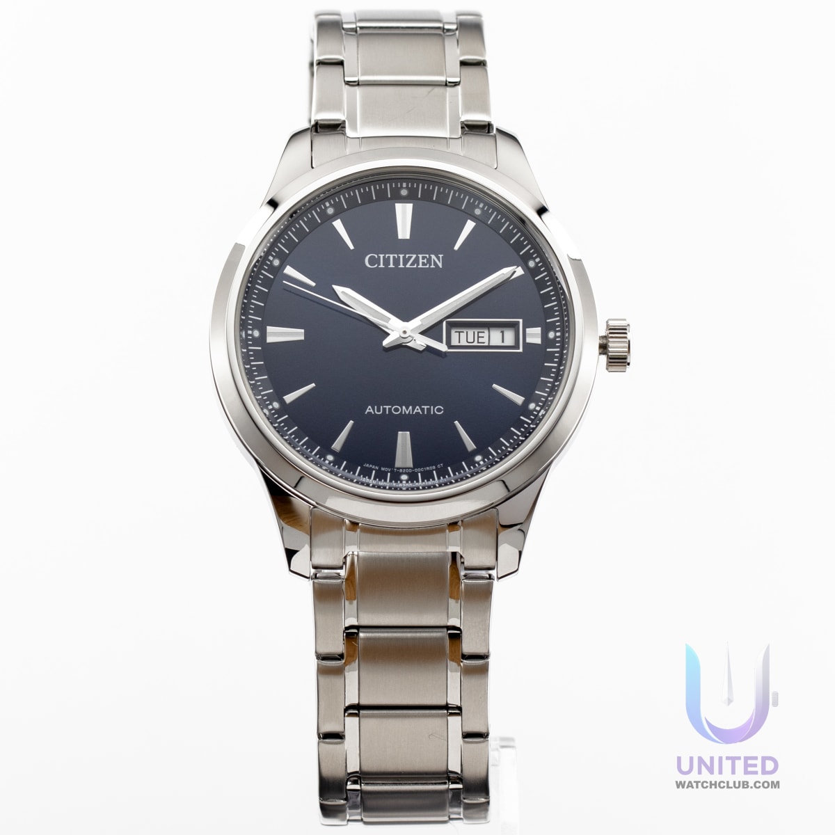 Citizen automatic watch blue dial with stainless steel bracelet and day-date display