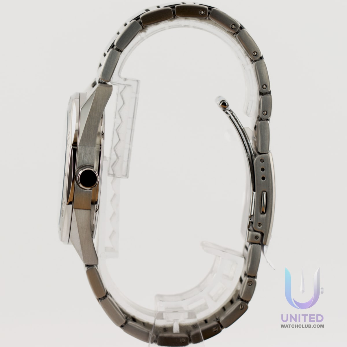 Citizen Eco-Drive green dial watch side view showing its sleek design and eco-friendly features.