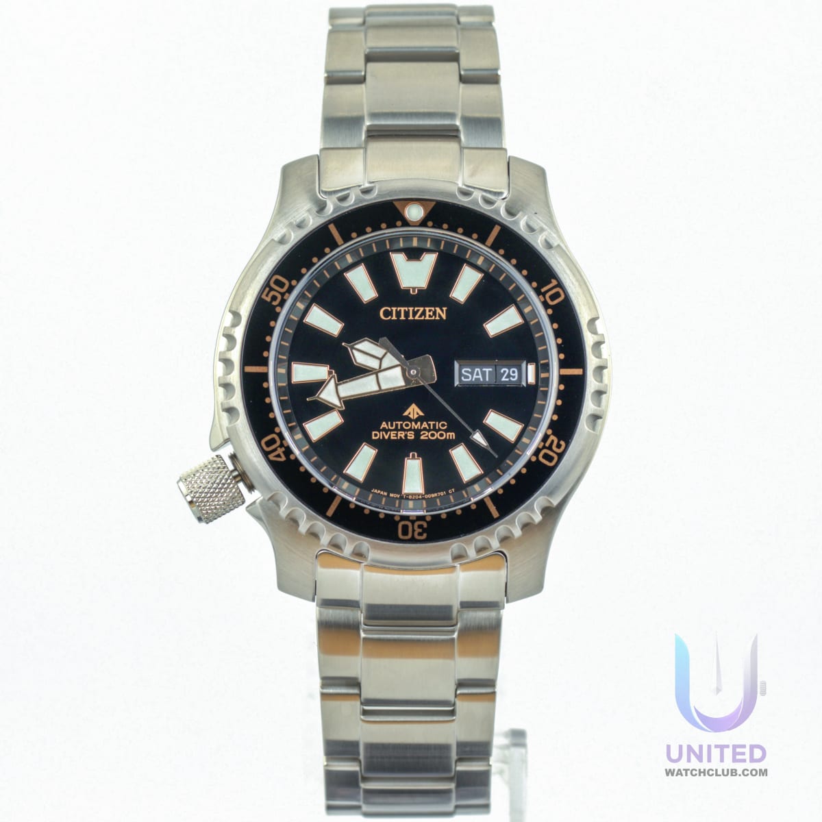 Citizen Promaster dive watch with stainless steel case and black dial, automatic movement, and diver's capabilities.