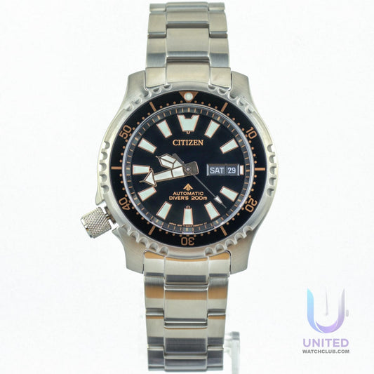 Citizen Promaster dive watch with stainless steel case and black dial, automatic movement, and diver's capabilities.