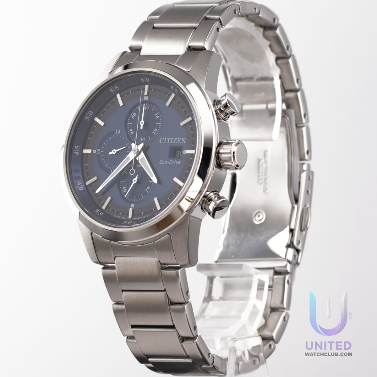 Citizen Eco-Drive Chronograph watch with blue dial and stainless steel bracelet, model CA0610-52L.