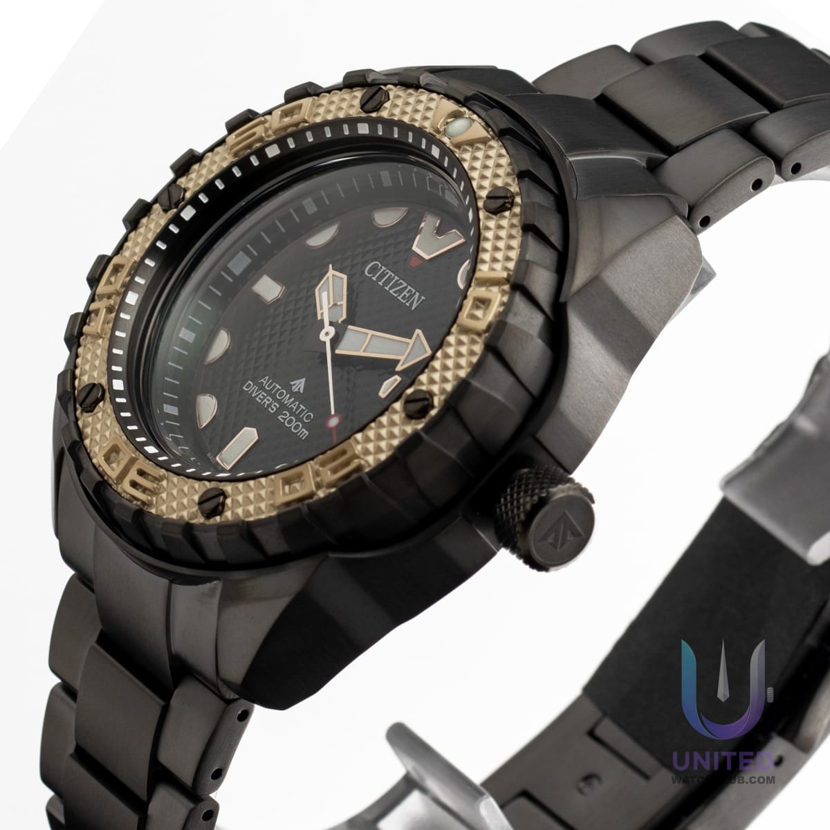 Citizen Promaster Marine green dial watch with black band and gold accents, showcasing its robust design and functionality.
