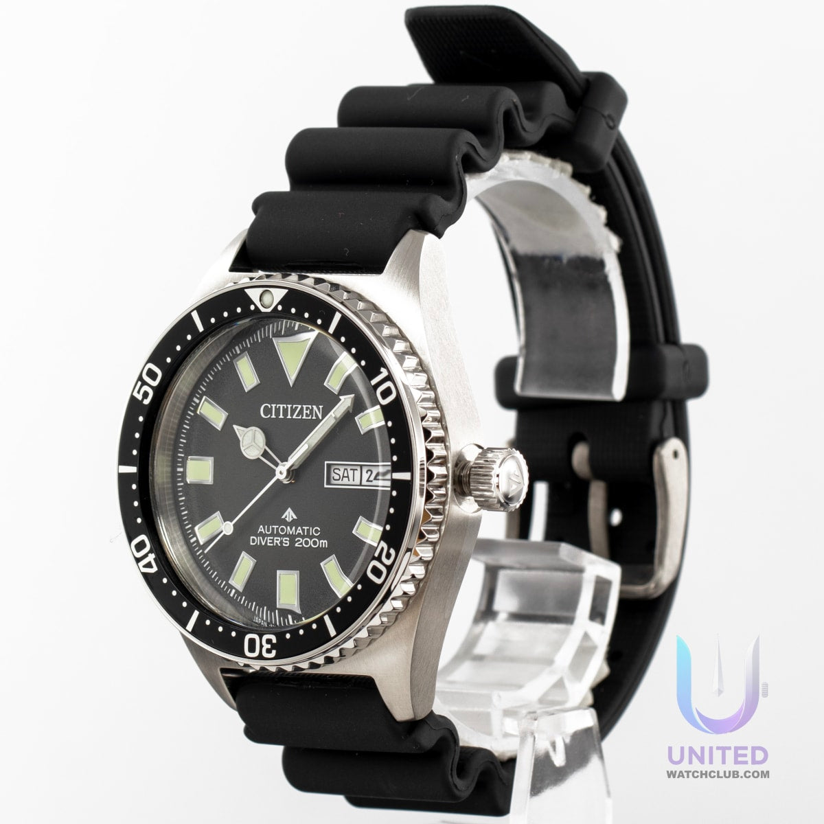 Citizen Promaster Diver watch with black dial and rubber strap, designed for diving enthusiasts.