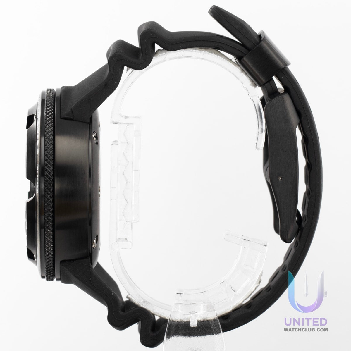 Citizen Promaster Marine Diver Watch side view showcasing rugged design and black strap for diving adventures.