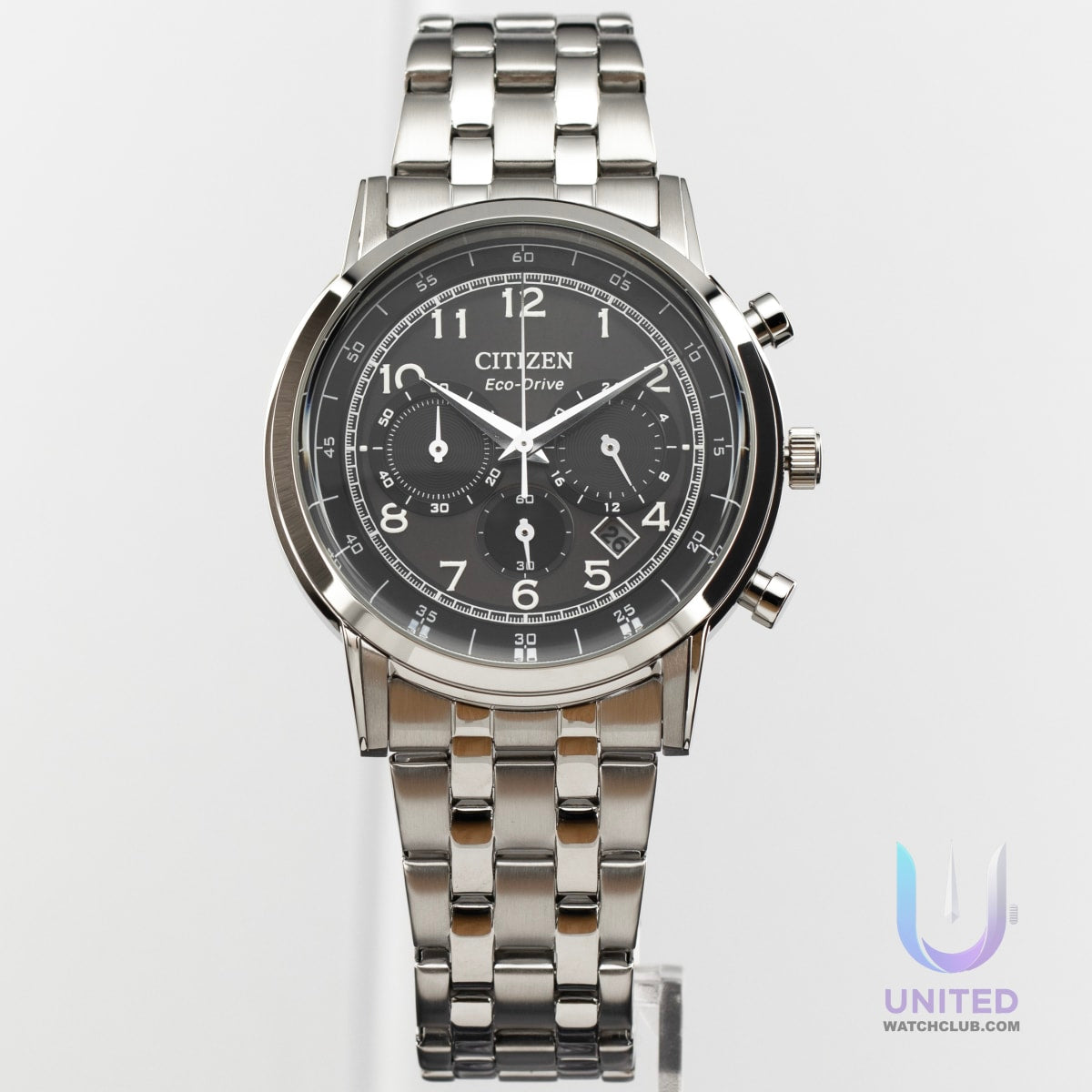 Citizen Eco-Drive chronograph watch with black dial and stainless steel bracelet, model CA4630-53E.