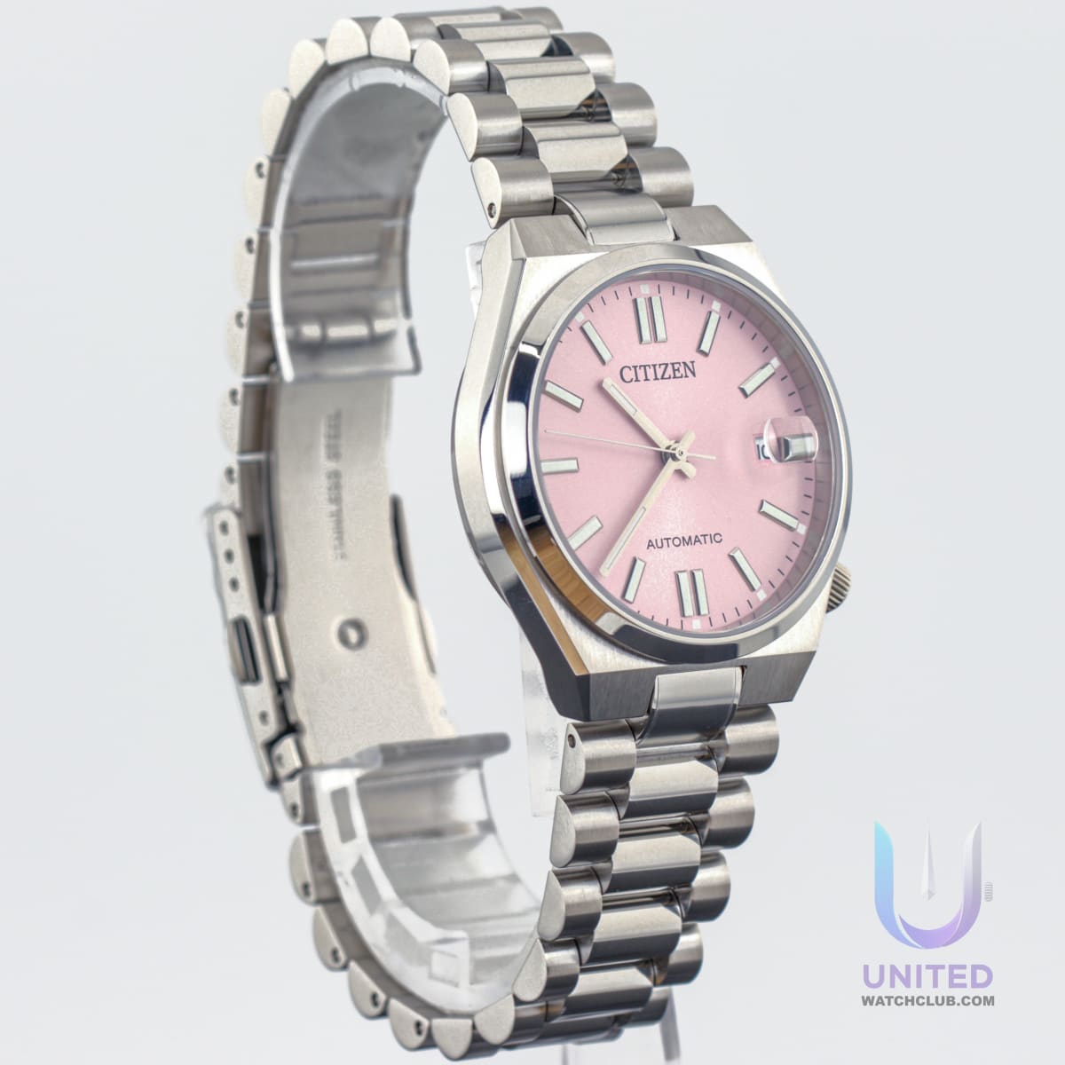 Citizen Tsuyosa pink dial watch with silver-tone stainless steel case and automatic movement.