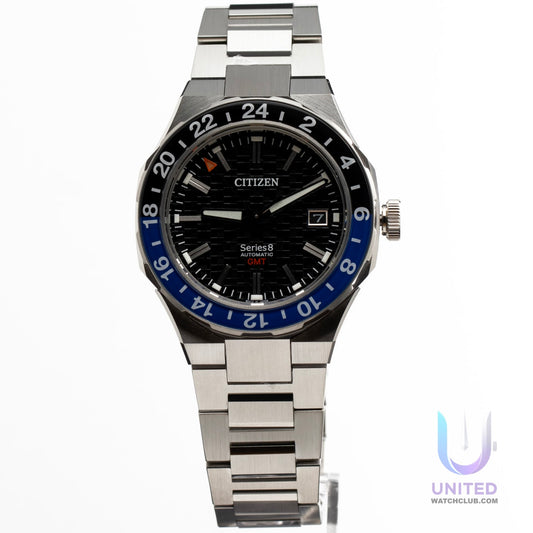 Citizen Series8 880 GMT watch featuring a sleek black dial and bi-directional blue-tone bezel.