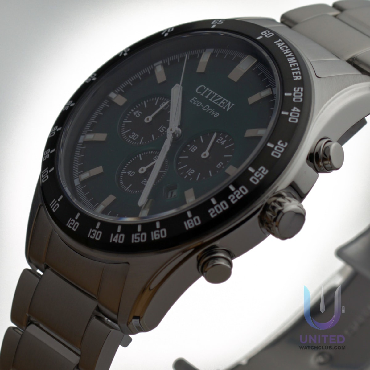Citizen Eco-Drive green dial chronograph watch with stainless steel case and vibrant green dial