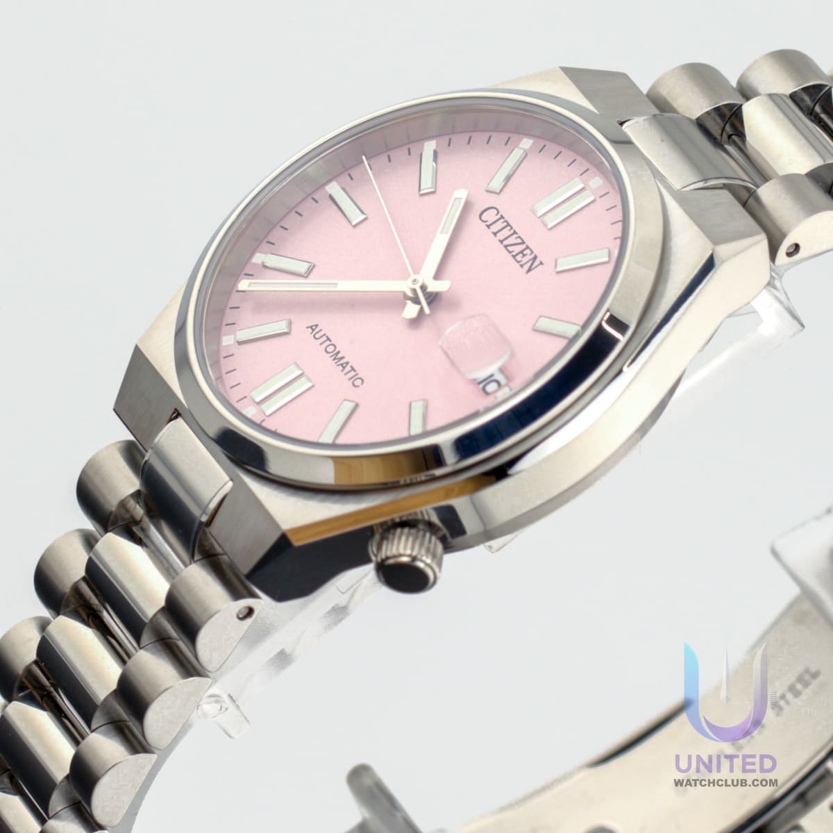 Citizen Tsuyosa pink dial watch with silver-tone stainless steel case and radiant sunray pink dial.