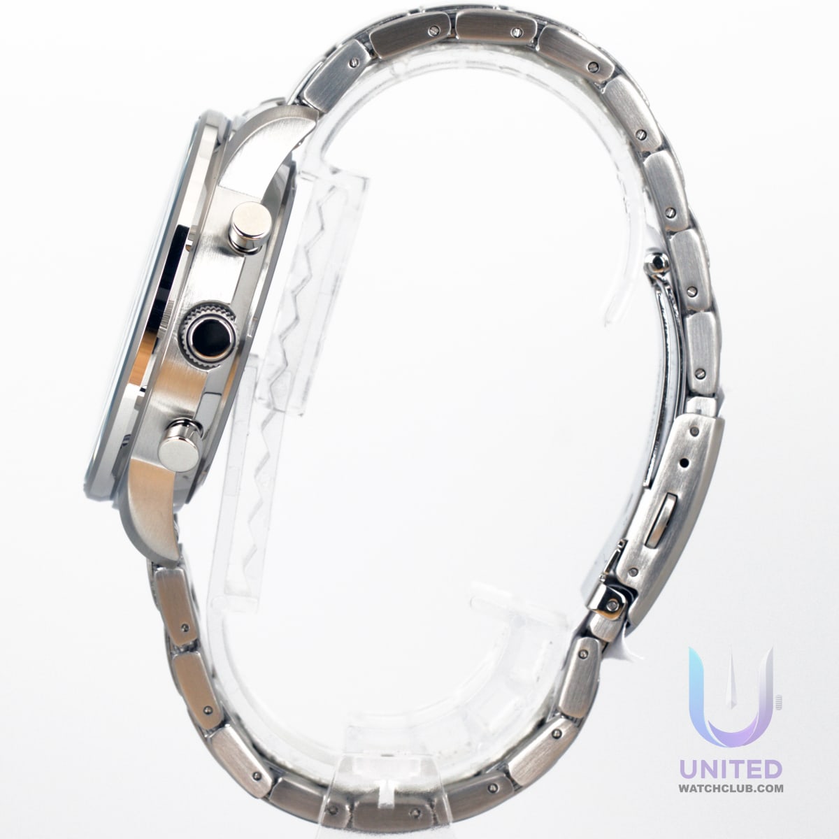 Citizen Eco-Drive chronograph watch side view showcasing the sleek stainless steel design.