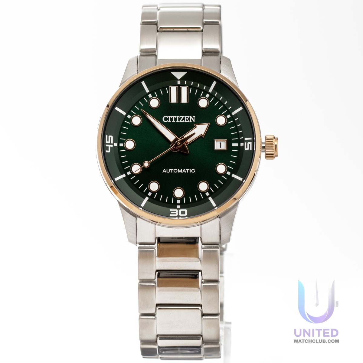 Citizen automatic green dial watch with stainless steel case and gold-tone bezel.