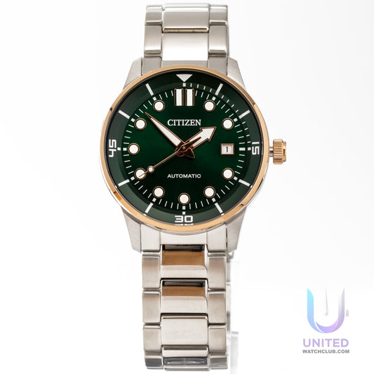 Citizen automatic green dial watch with stainless steel case and gold-tone bezel.