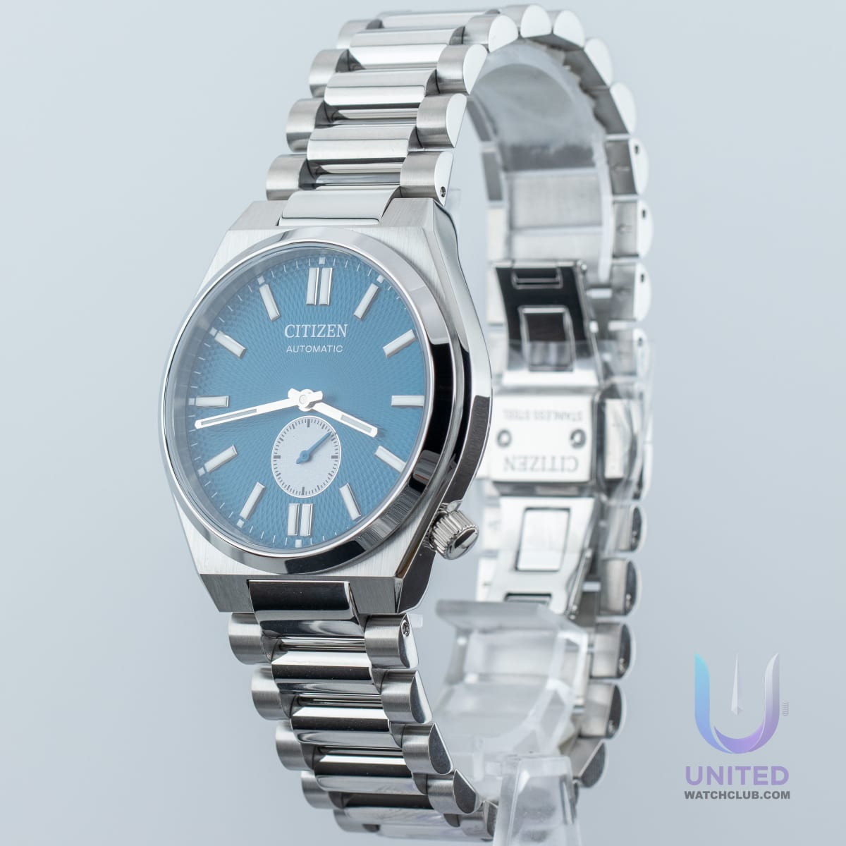 Citizen Tsuyosa automatic watch with blue dial and silver-tone stainless steel case, 40mm size.