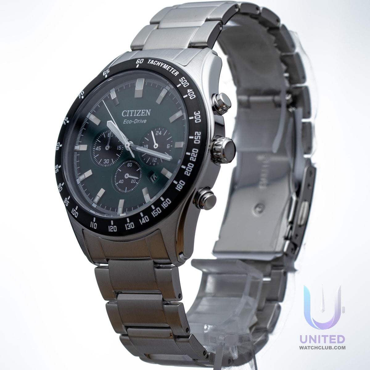 Citizen Eco-Drive green dial chronograph watch showcasing a stainless steel case and vibrant green dial.