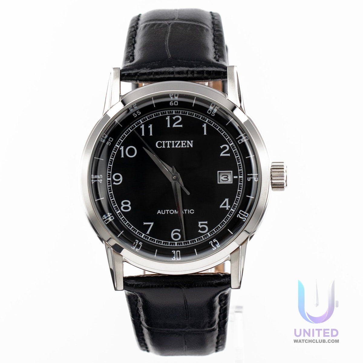 Citizen automatic black dial dress watch featuring a 40mm stainless steel case and black leather strap.