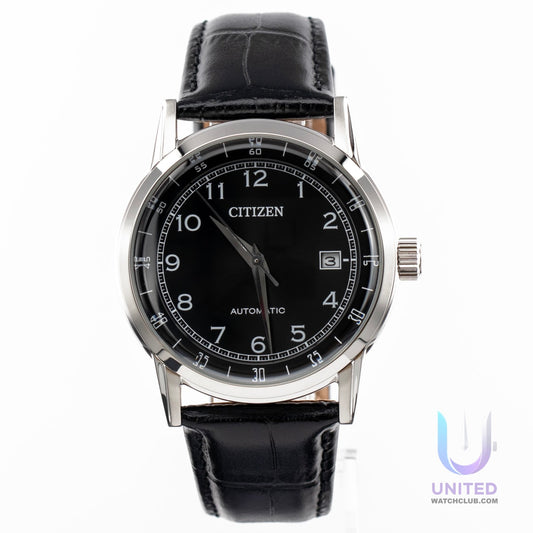 Citizen automatic black dial dress watch featuring a 40mm stainless steel case and black leather strap.