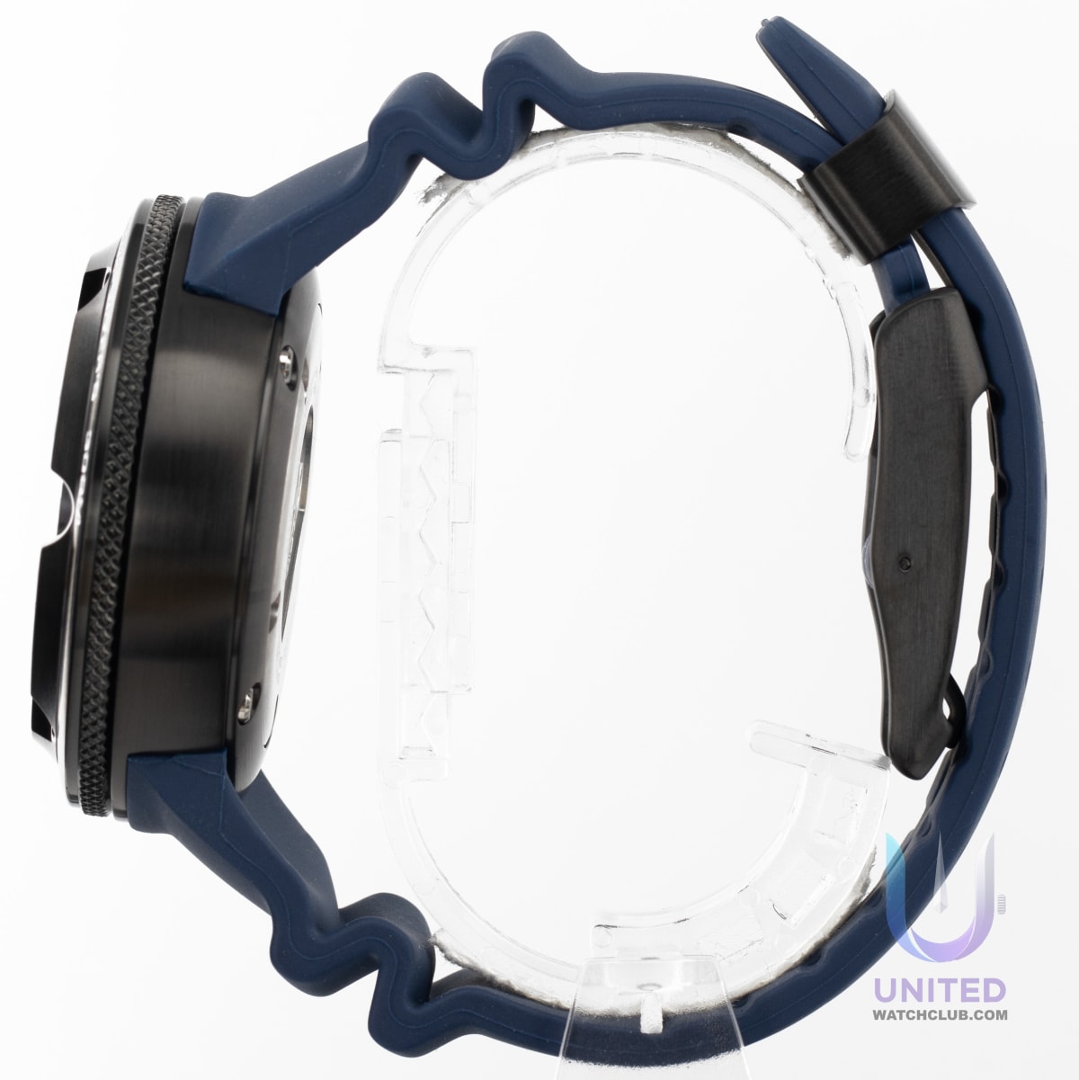 Citizen Promaster Marine dive watch side view showcasing black stainless steel case and blue polyurethane strap.